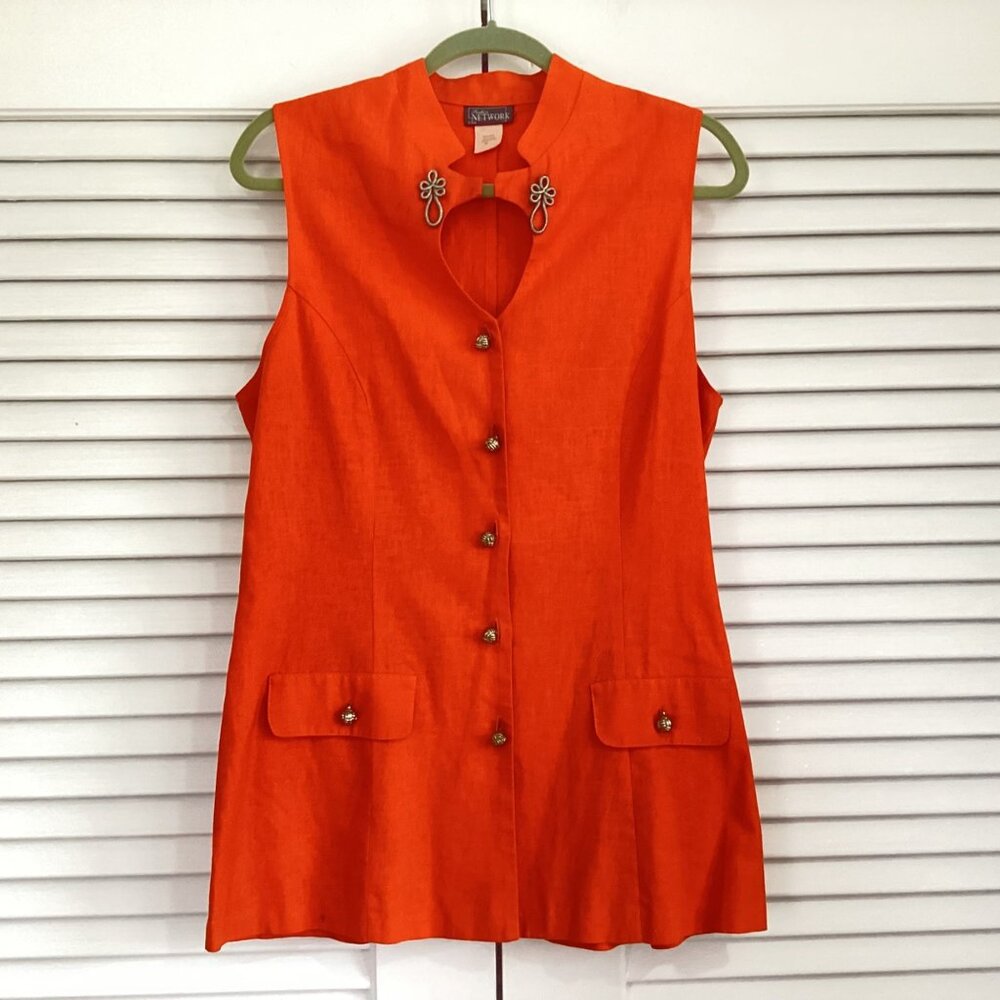 Vintage 1990s Fashion Network  Sleeveless Shirt Orange Tunic Vest 100% Linen Siz